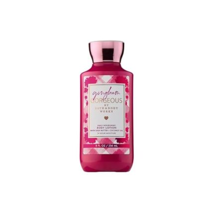 Bath & Body Works Gingham Gorgeous Body Lotion, Lightweight Daily Moisturizer with Shea Butter & Coconut Oil – Pink Strawberries, Peony Blooms, and Peach Nectar Scent, 8 fl oz - 1 Pack