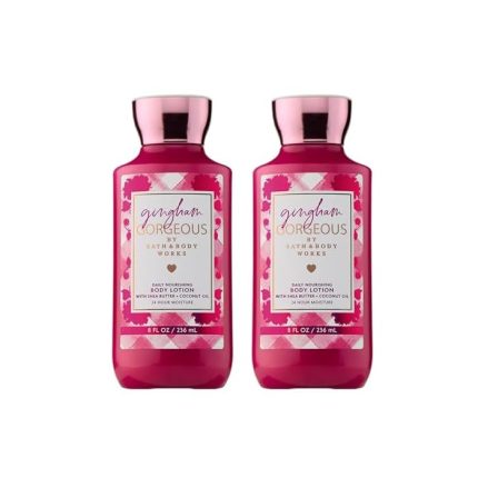 Bath & Body Works Gingham Gorgeous Body Lotion, Lightweight Daily Moisturizer with Shea Butter & Coconut Oil – Pink Strawberries, Peony Blooms, and Peach Nectar Scent, 8 fl oz - 2 Pack