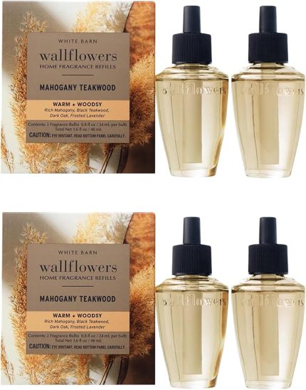 Bath & Body Works Wallflowers Refills, Mahogany Teakwood Scent, Plug-in Air Freshener Refills for Bedrooms, Bathrooms & Living Spaces, 4 Pack