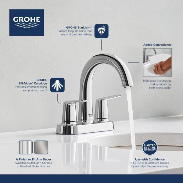 Grohe Veletto 4 in. Centerset 2-Handle High-Spout Bathroom Faucet in Starlight Chrome 20582000 - Image 2