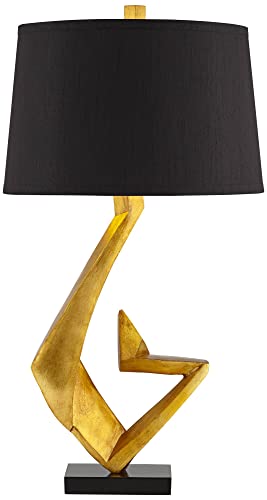 Possini Euro Design Zeus Mid Century Modern Glam Luxury Table Lamp 28.5 Tall Sculptural Gold Leaf Metal Black Fabric Tapered Drum Shade Decor for Living Room Bedroom House Bedside Nightstand Home - Image 2