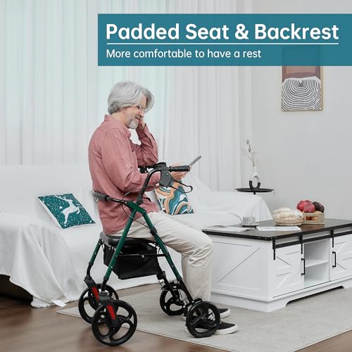 ELENKER Rollator Walker with 10?? Wheels, Sponge Padded Seat and Backrest, Fully Adjustment Frame for Seniors, Green - Image 3