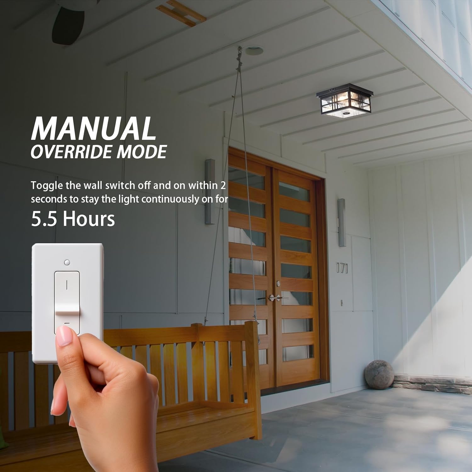 Industrial Motion Sensor Outdoor Flush Mount Ceiling Light, Water Ripple Glass Square Black 2-Light Ceiling Lamp for Porch, Entryway, and Garage, Timer and Sensitivity Adjustable - Image 3