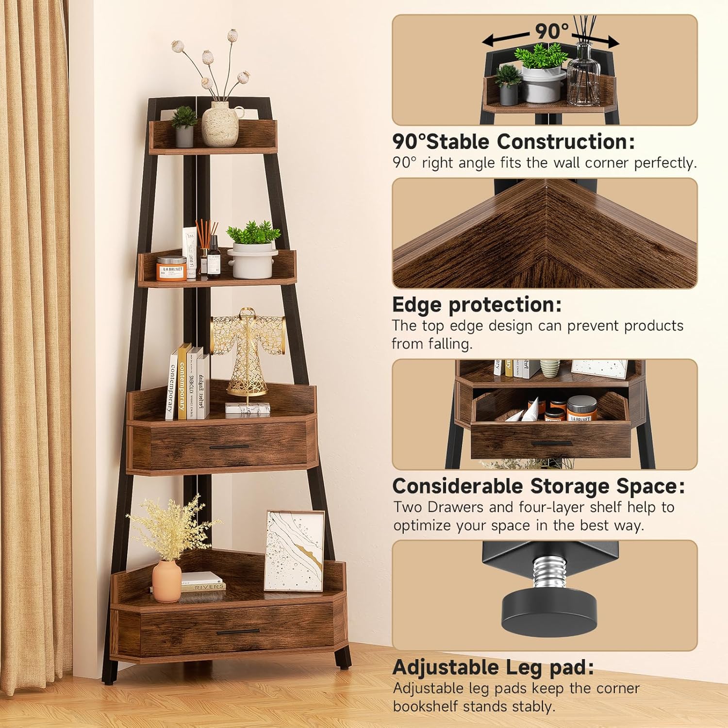 Elsie&Mi 55.1 Inch Tall Corner Shelf, 4-Tire 2 Drawers Corner Cabinet, Storage Rack for Living Room, Office, Kitchen, Basement, Bedroom, Rustic Brown - Image 7
