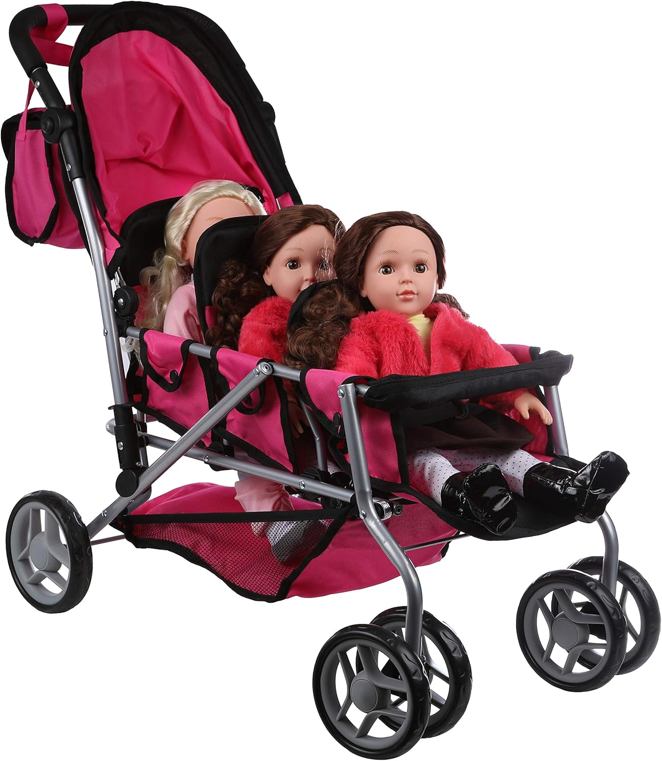 Mommy & Me Triplet Doll Pram Back to Back with Swiveling Wheels & Free Carriage Bag – 9668A - Image 2