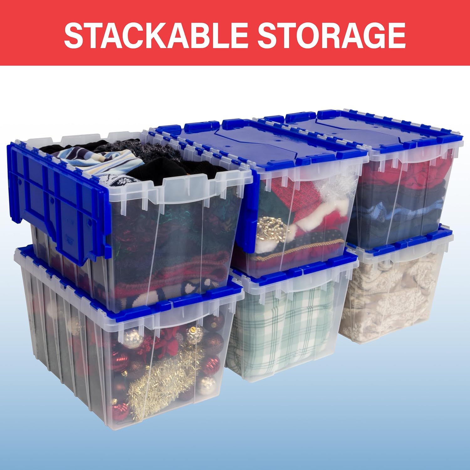Akro-Mils KeepBox 12 Gallon Storage Container, Nesting and Stackable Plastic Storage Box with Lid Attached, Clear Tote for Garages, Closets, and Moving, 21-1/2 x 15 x 12-1/2, Clear/Blue, 6-Pack - Image 7
