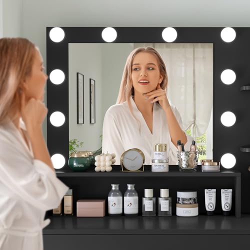 Makeup Vanity Desk with Mirror, 10 Lights, 5 Drawers, 3 Storage Shelves, 3 Color Modes & Adjustable Brightness Dressing Table, 35.4?? Desk, Black - Image 32