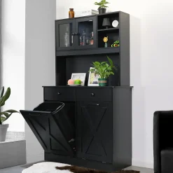 Arlopu Kitchen Pantry Storage Cabinet, Wooden Double Tilt Out Trash Cabinet Freestanding Garbage Bin Holder Recycling Cabinet with Drawers, Shelves
