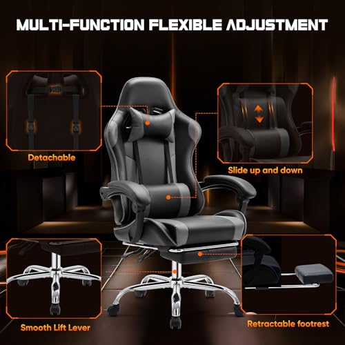 DUMOS Ergonomic Gaming Desk Chair – PU Leather Recliner with Footrest, Lumbar Support, Headrest, Fixed Armrests, Height Adjustable, 360?? Swivel, Grey, for Adults - Image 5