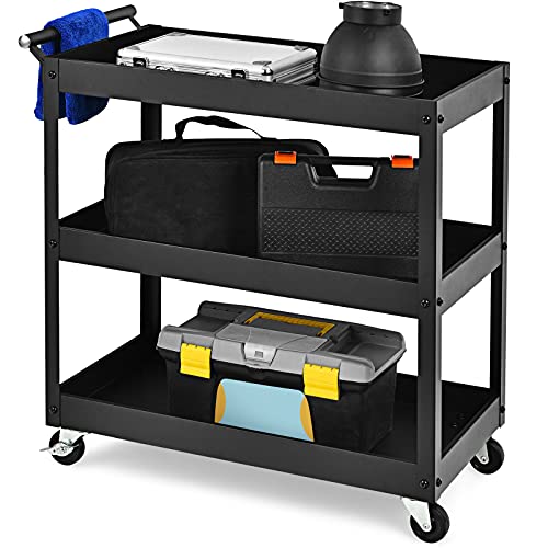 Goplus 3-Tier Utility Cart, Heavy Duty Commercial Service Tool Cart w/Lockable Wheels, 330lbs Load Capacity, Ergonomic Handle, Rolling Mechanic Tool Cart Storage Organizer for Warehouse Garage Black