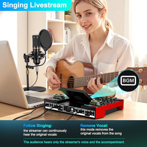 Podcast Microphone Bundle with Live Sound Card Audio Mixer, Podcast Equipment Bundle with 3.5mm Condenser Microphone for Pc/Phone Live Streaming Singing Gaming, Sound Board with Voice Changer, Denoise - Image 23