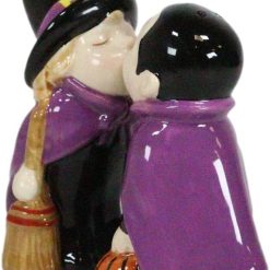 Ebros Gift Halloween Villains Vampire Dracula Kissing Witch With Broomstick Salt And Pepper Shakers Set Magnetic Ceramic Figurines With Rubber Stoppers Wicca Witchcraft Witches Themed Accents