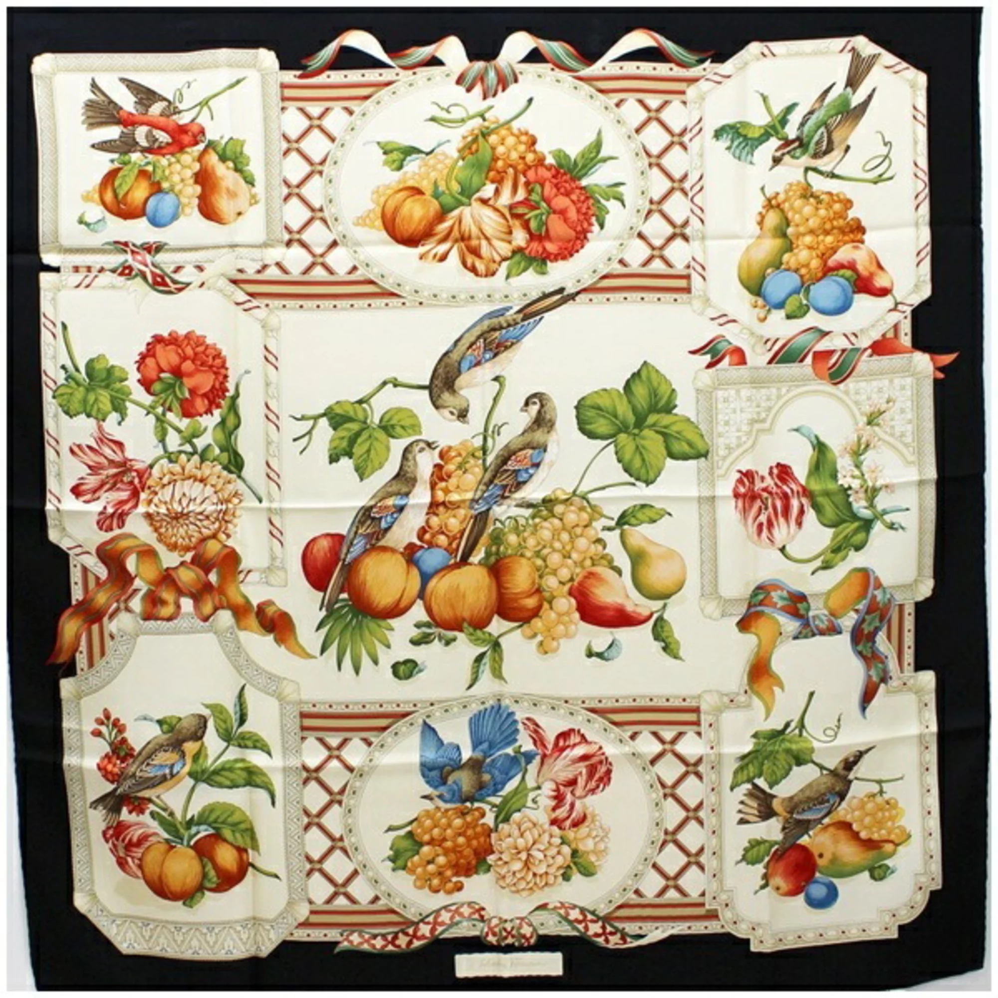 Pre-Owned Salvatore Ferragamo Ferragamo Silk Scarf Muffler Black x Ivory Tori Salvatore Women’s (Good)