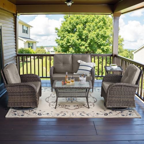Patio Wicker Chairs Swivel Rocker – Outdoor Swivel Rocking Chairs Set of 2 with Rattan Side Table, Patio Swivel Glider Chair 3 Piece Patio Furniture Sets for Deck Porch Pool Brown/Blue - Image 158