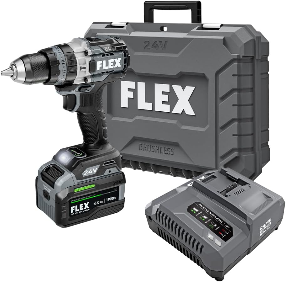 FLEX 24V Brushless Cordless 1/2-Inch 1,400 In-Lbs Torque 2-Speed Hammer Drill Turbo Mode Kit with 6.0Ah Stacked Lithium Battery and 280W Rapid Charger – FX1271T-1H