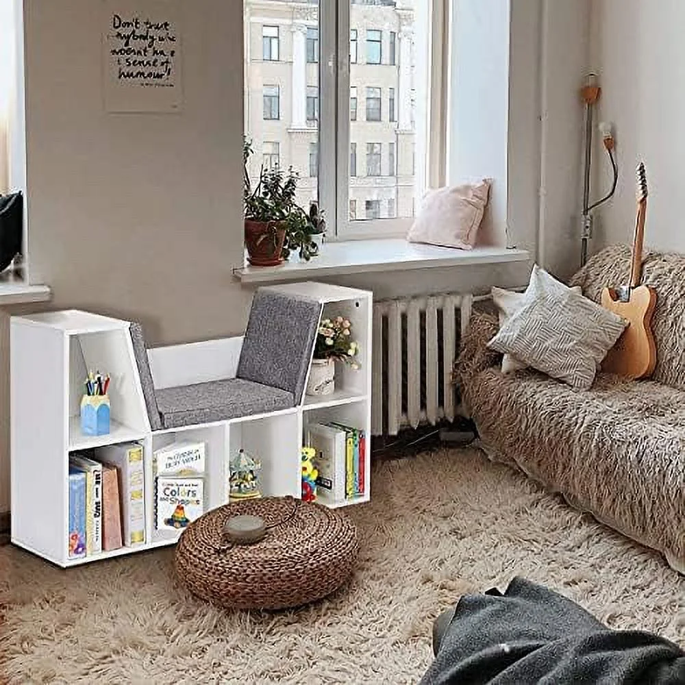 HJZBNONE 6-Cubby Bookcase w/Cushioned Reading Nook Multi Purpose Organizer Cabinet with Soft Cushion and Thick Wood Board for Children Girls & Boys Bedroom Decor Room (Modern Whit - Image 2