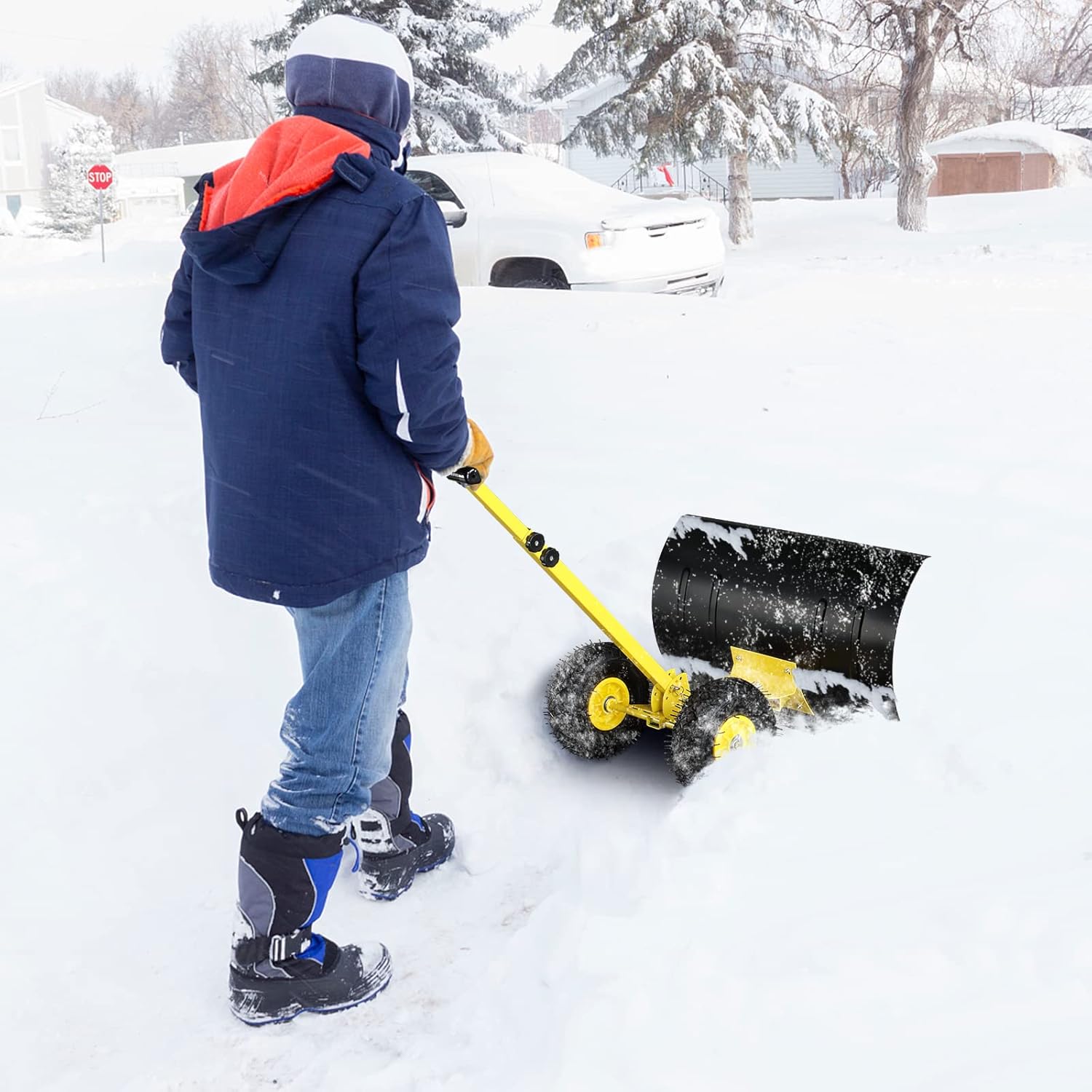 Outvita Snow Shovel with Wheels, 29 Wide 18 Long Snow Plow Shovel Angle & Height Adjustable Padded Handle Efficient Snow Clean Tool for Driveway or Pavement (Yellow) - Image 11