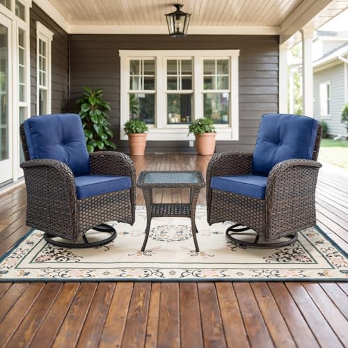 Patio Wicker Chairs Swivel Rocker – Outdoor Swivel Rocking Chairs Set of 2 with Rattan Side Table, Patio Swivel Glider Chair 3 Piece Patio Furniture Sets for Deck Porch Pool Brown/Blue - Image 101