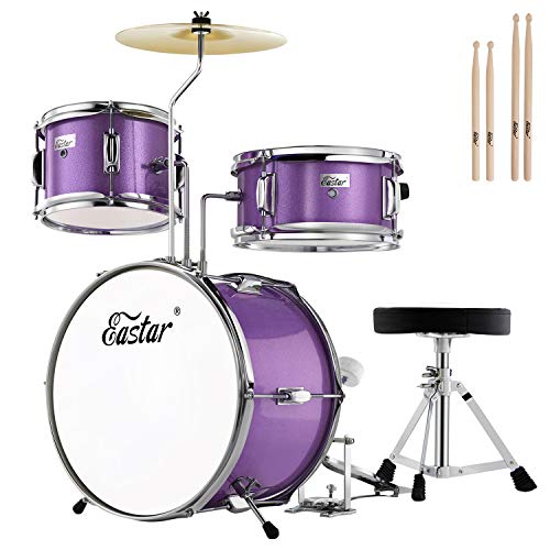 Kids Drum KIt Eastar 3-Piece for Beginners, 14 inch Drum Set with Adjustable Throne, Cymbal, Pedal & Two Pairs of Drumsticks, Junior Drum Set with Bass Tom Snare Drum, Metallic Sky Blue - Image 2