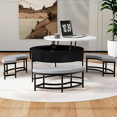 Linique Modern Round Lift-Top Coffee Table with Storage and 3 Ottoman, White + Black - Image 2