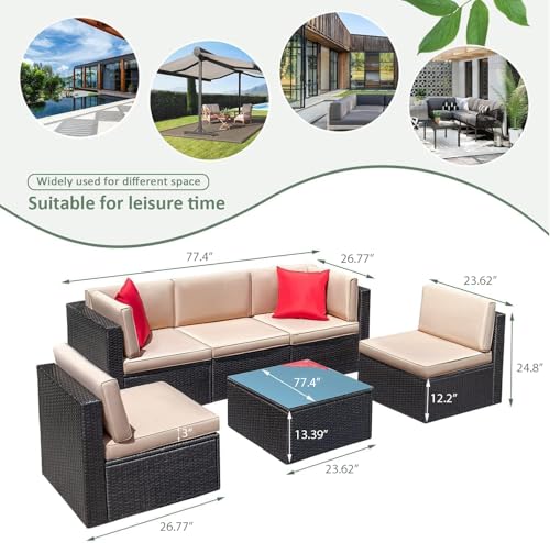 Devoko Patio Furniture Sets 6 Pieces Outdoor Sectional Rattan Sofa Manual Weaving Wicker Patio Conversation Set with Glass Table and Cushion (Beige) - Image 39
