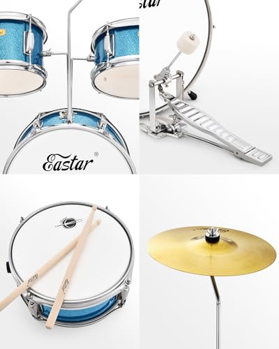 Kids Drum KIt Eastar 3-Piece for Beginners, 14 inch Drum Set with Adjustable Throne, Cymbal, Pedal & Two Pairs of Drumsticks, Junior Drum Set with Bass Tom Snare Drum, Metallic Sky Blue - Image 5