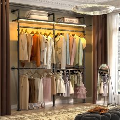 Aheaplus Industrial Pipe Clothing Rack, Reversible 79.7” Clothes Rack for Hanging Clothes, Heavy Duty Garment Racks Closet Wardrobe with LED Lights& Shelves, Walk-in Closet System, Black