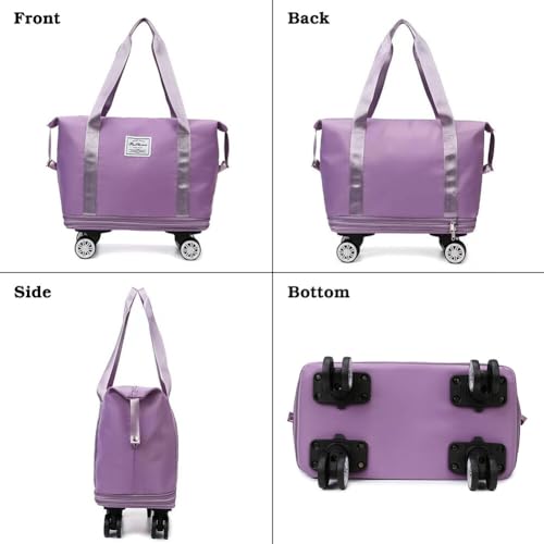 Rolling Duffle Bag with Wheels and Handle Foldable Travel Bag Expandable Carry on Bag with Detachable Casters Wheeled Weekender Bag for Women & Men – Purple - Image 4