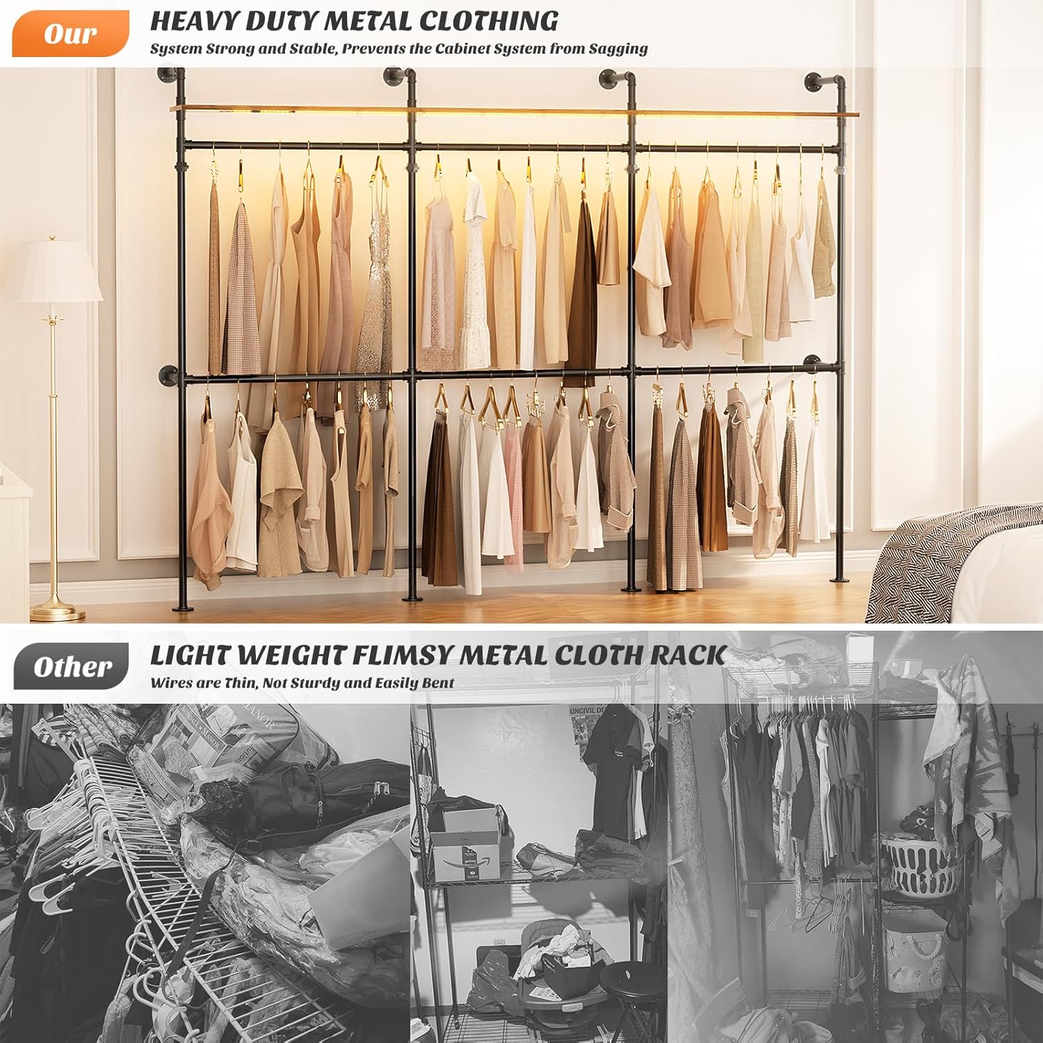 Aheaplus Industrial Pipe Clothing Rack, Reversible 79.7” Clothes Rack for Hanging Clothes, Heavy Duty Garment Racks Closet Wardrobe with LED Lights& Shelves, Walk-in Closet System, Black - Image 24