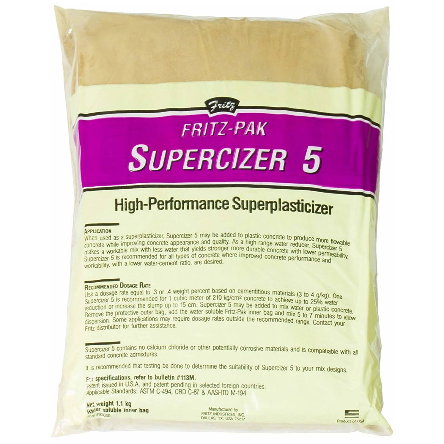 Fritz-pak Concrete Superplasticizer, 2.4lbs. Cement Additive Improves Workability & Strength. Plasticizer Gives 25% Water Reduction or 6′ Slump