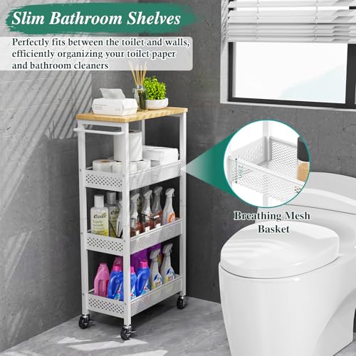 Utility Slim Storage Cart, 4 Tier Small Rolling Kitchen Laundry Room Cart with Wood Top, Metal Narrow Bathroom Storage Cabinet Mobile Shelf Unit Organizer Trolley with Handle for Narrow Space - Image 32