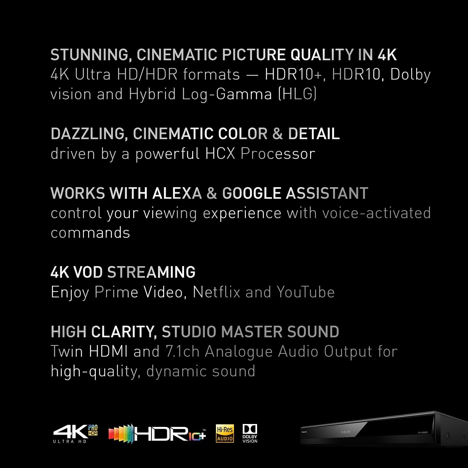 Panasonic Streaming 4K Blu Ray Player with Dolby Vision and HDR10+ Ultra HD Premium Video Playback, Hi-Res Audio, Voice Assist – DP-UB820-K (Black) - Image 2