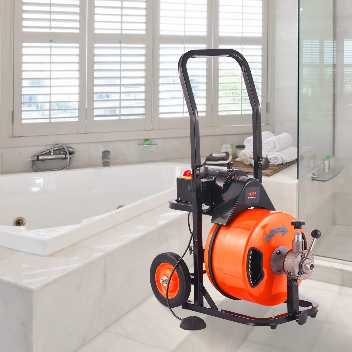 Drain Cleaner Machine 100FT x 1/2Inch, Auto Feed Sewer Snake Auger with 4 Cutter & Air-activated Foot Switch for 1 to 4 Pipes, Orange, Black - Image 8