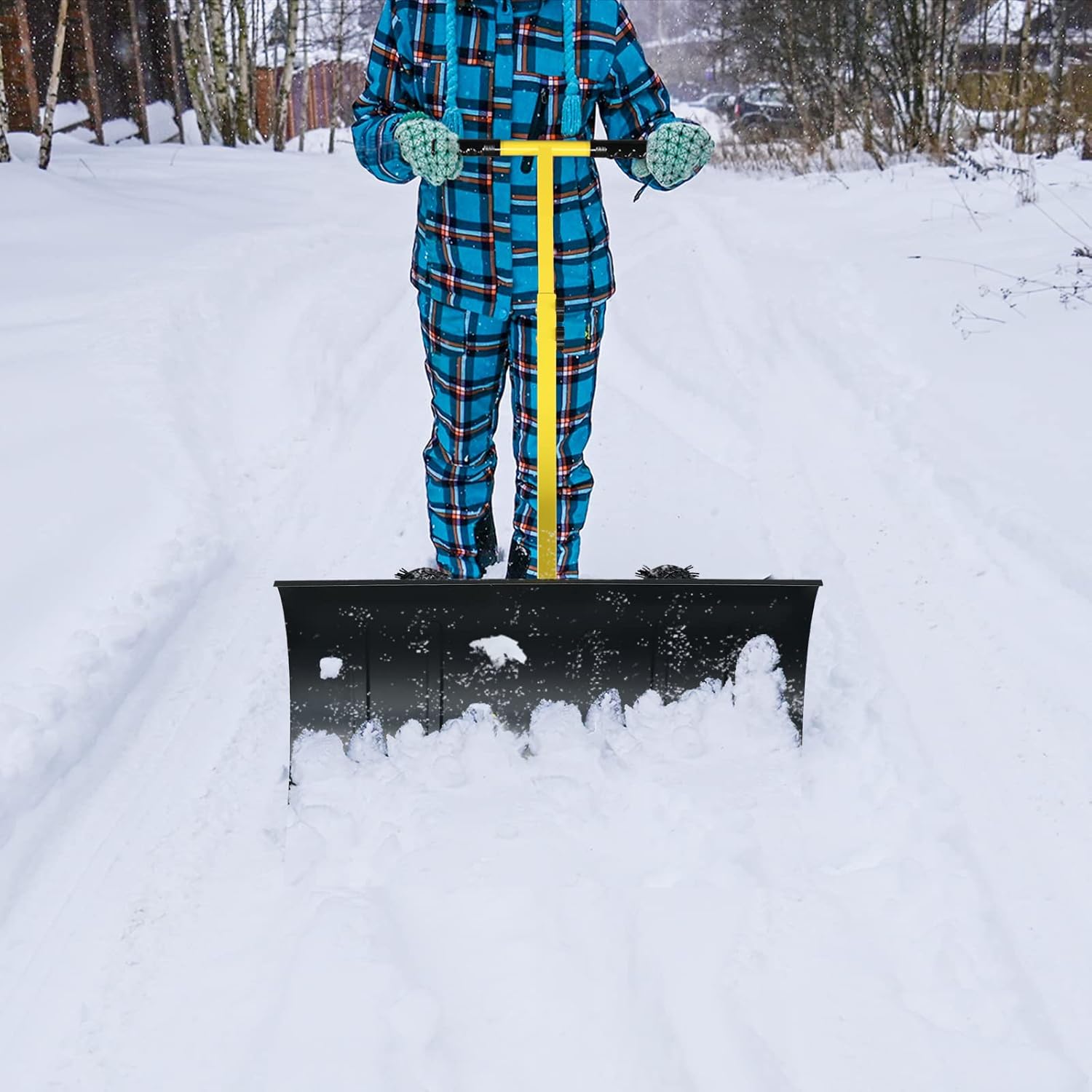 Outvita Snow Shovel with Wheels, 29 Wide 18 Long Snow Plow Shovel Angle & Height Adjustable Padded Handle Efficient Snow Clean Tool for Driveway or Pavement (Yellow) - Image 8