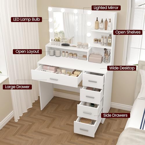 Makeup Vanity Desk with Mirror, 10 Lights, 5 Drawers, 3 Storage Shelves, 3 Color Modes & Adjustable Brightness Dressing Table, 35.4?? Desk, Black - Image 18