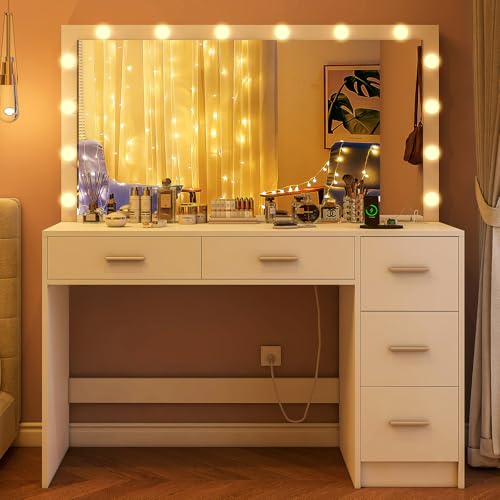 Makeup Vanity Desk with Mirror, 10 Lights, 5 Drawers, 3 Storage Shelves, 3 Color Modes & Adjustable Brightness Dressing Table, 35.4?? Desk, Black - Image 10