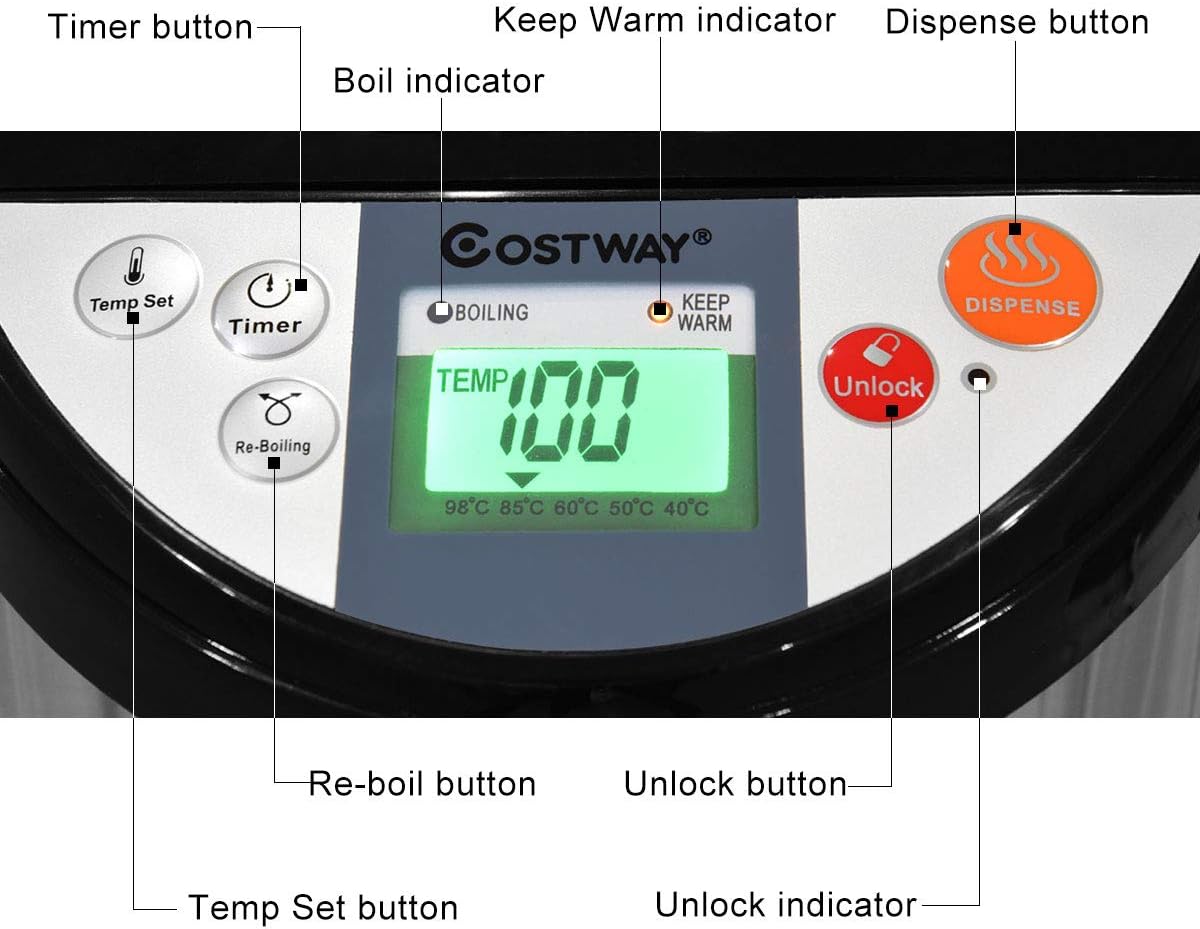 Costway Instant Electric Hot Water Boiler and Warmer, 5-Liter LCD Water Pot with 5 Stage Temperature Settings, Safety Lock to Prevent Spillage, Stainless Steel Hot Water Dispenser - Image 7