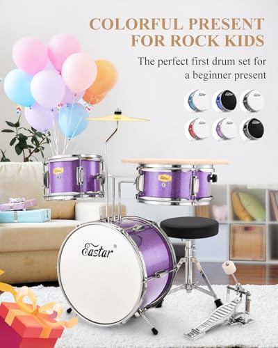 Kids Drum KIt Eastar 3-Piece for Beginners, 14 inch Drum Set with Adjustable Throne, Cymbal, Pedal & Two Pairs of Drumsticks, Junior Drum Set with Bass Tom Snare Drum, Metallic Sky Blue - Image 13