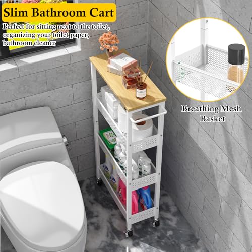 Utility Slim Storage Cart, 4 Tier Small Rolling Kitchen Laundry Room Cart with Wood Top, Metal Narrow Bathroom Storage Cabinet Mobile Shelf Unit Organizer Trolley with Handle for Narrow Space - Image 5