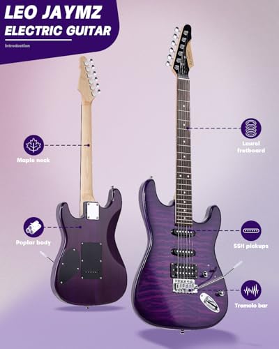 Leo Jaymz 39 Full Size ST Style Electric Guitar Starter Kit with SSH Pickup, 5W Portable Amp, Tuner, Gig Bag, Strap & Accessories (Violet Ocean) - Image 20