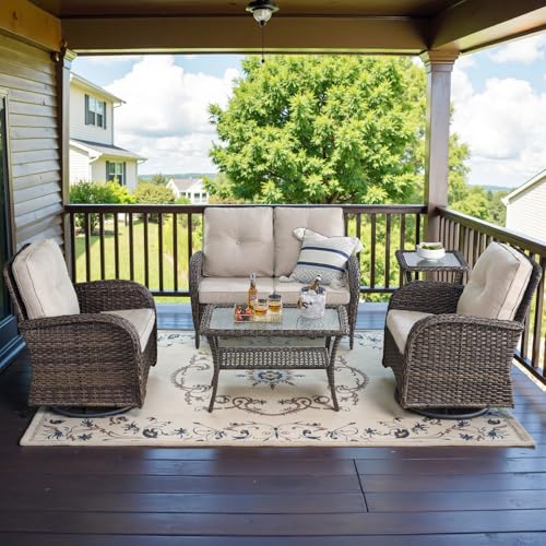 Patio Wicker Chairs Swivel Rocker – Outdoor Swivel Rocking Chairs Set of 2 with Rattan Side Table, Patio Swivel Glider Chair 3 Piece Patio Furniture Sets for Deck Porch Pool Brown/Blue - Image 11