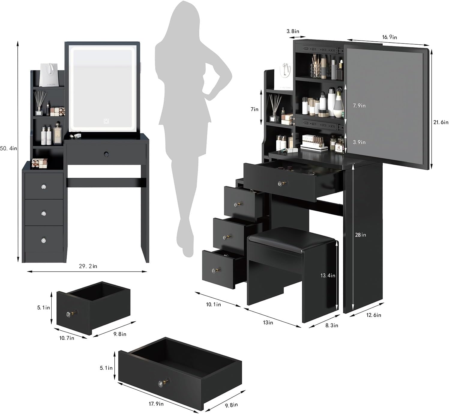 CIATRE Small Space Left Bedside Cabinet Vanity Table + Cushioned Stool, Extra Large Right sliding mirror, Multi Layer High Capacity Storage, Practical Fashionable Dresser, Black - Image 4