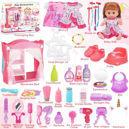 Baby Doll Toys Set, 14 Doll Toys, 25Pcs Dolls Care Toy Playset, Toddlers Toy Doll Set Incl Cradle Crib, High Chair, Milk Bottle, Pacifier, Diaper, Baby Gift for Age 3 4 5 6+ Years Old Girls Boys - Image 30