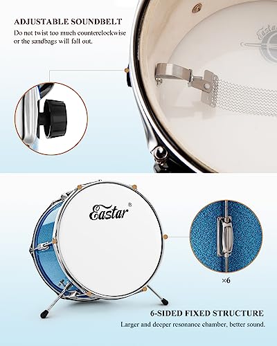 Kids Drum KIt Eastar 3-Piece for Beginners, 14 inch Drum Set with Adjustable Throne, Cymbal, Pedal & Two Pairs of Drumsticks, Junior Drum Set with Bass Tom Snare Drum, Metallic Sky Blue - Image 7