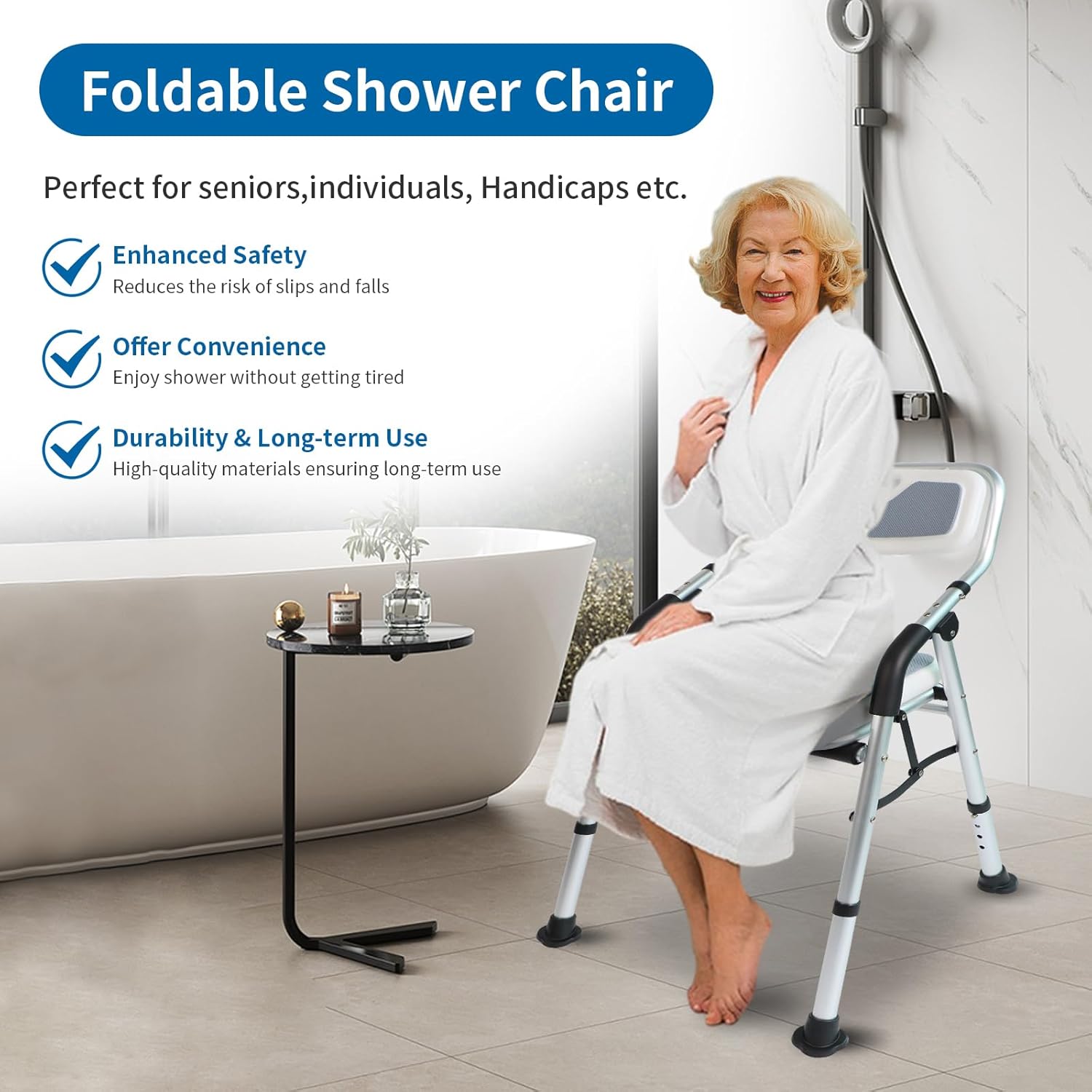 Shower Chair for Elderly & Disabled, Folding Shower Chair Seat with Arm and Back, Inside Shower Chair, Foldable Bathroom Chairs for Sitting, Portable for Travel – Collapsible, Compact & Comfortable - Image 2