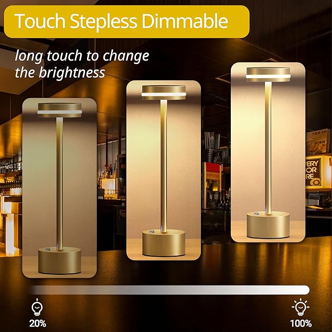 Cordless Table Lamp, Portable Rechargeable Bedside Lamp, Touch Stepless Dimmable Desk Lamp, for Home Bedroom Hotel Restaurant Bar Outdoor, 2 Pack, Gold - Image 2
