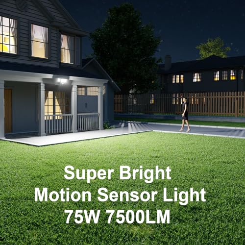 75W Motion Sensor Security Lights with Remote Control,3 Heads Motion Detection Outdoor Lights 6500K IP65,7500LM Flood Lights Dusk to Dawn Motion Sensor Lights for Yard Garage Porch Wall 2PCS - Image 3