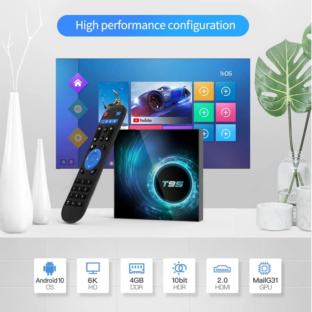 Android 10.0 TV Box, T95 4GB RAM 64 ROM Allwinner H616 Quad-Core 64-bit ARM Cortex-A53 Android Box with 2.4G/5G Dual WiFi 10/100M Ethernet, Support H.265/3D/6K Ultra HD/BT 5.0/HDMI 2.0 Smart TV Box - Image 2