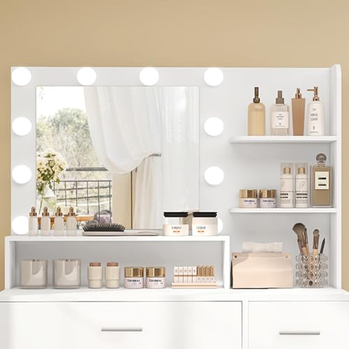 Makeup Vanity Desk with Mirror, 10 Lights, 5 Drawers, 3 Storage Shelves, 3 Color Modes & Adjustable Brightness Dressing Table, 35.4?? Desk, Black - Image 19