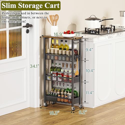 Utility Slim Storage Cart, 4 Tier Small Rolling Kitchen Laundry Room Cart with Wood Top, Metal Narrow Bathroom Storage Cabinet Mobile Shelf Unit Organizer Trolley with Handle for Narrow Space - Image 20